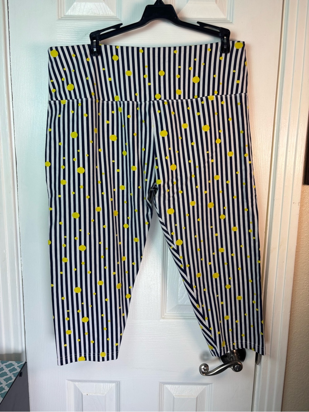 Suave Capri Leggings - Navy Stripe with Yellow Dot - X-Large